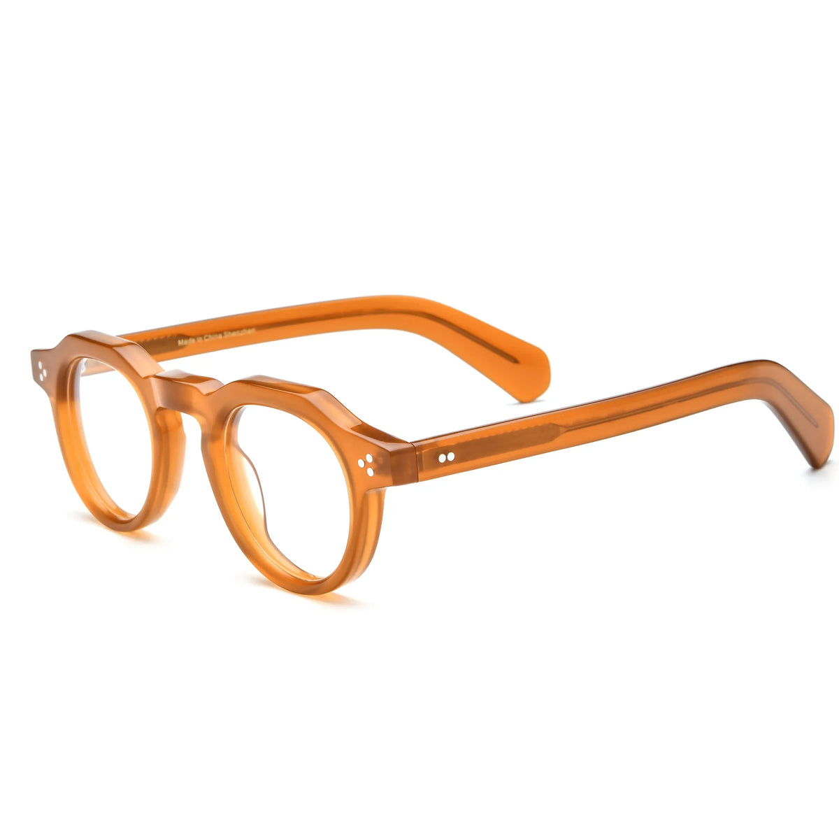 Barledear Honey Amber retro geometric acetate eyeglasses showing the keyhole bridge, rivet accents, and warm translucent finish