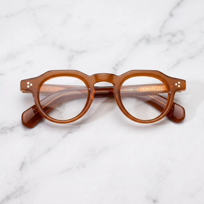 Barledear Honey Amber retro geometric acetate eyeglasses showing translucent amber temples and embedded metal temple cores