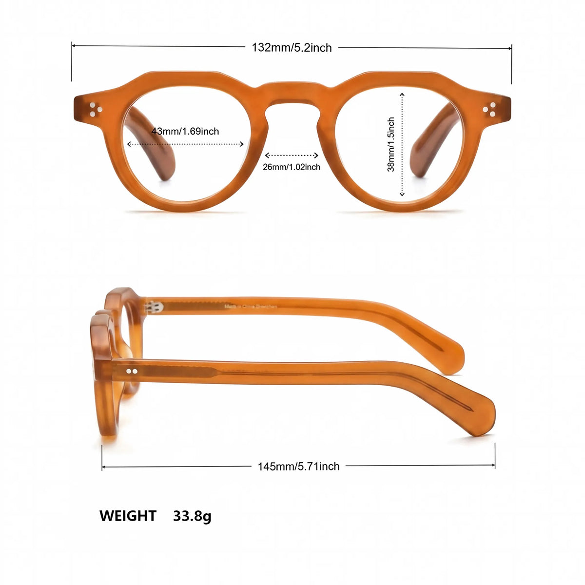 Barledear Honey Amber retro geometric acetate eyeglasses showing 132 mm frame width, 43 mm lens width, 38 mm lens height, 26 mm bridge, and 145 mm temples