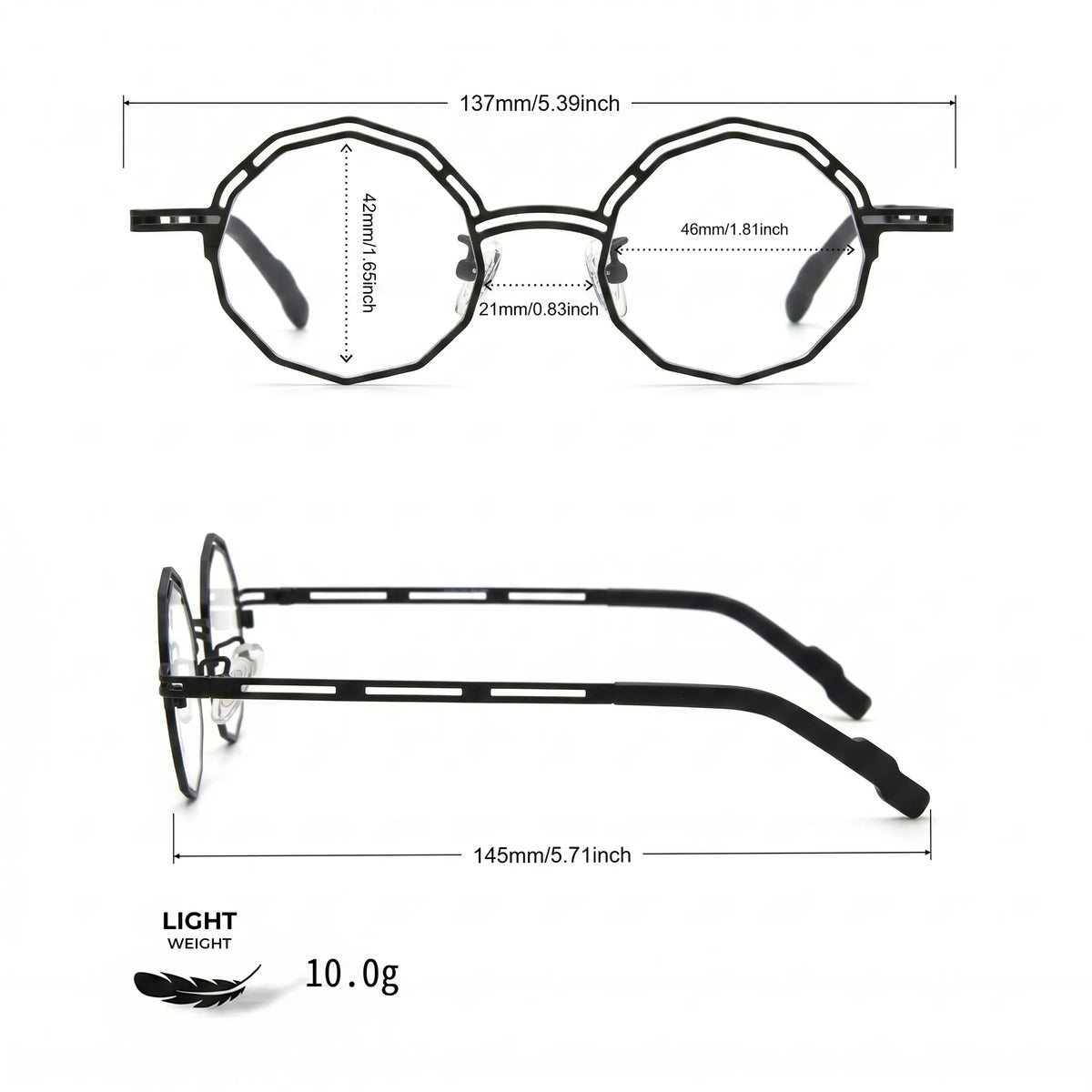Barledear Ink Noir eyeglasses size chart with 137mm frame width 46mm lens width 21mm bridge and 145mm temples