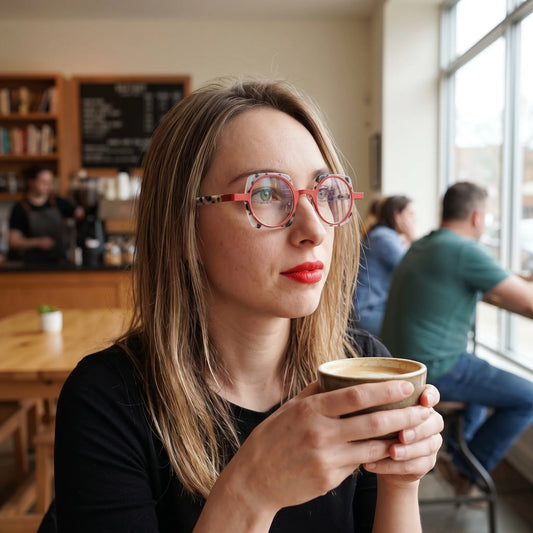 Model wearing Barledear Ivory Tortoise Crimson geometric eyeglasses in a cafe