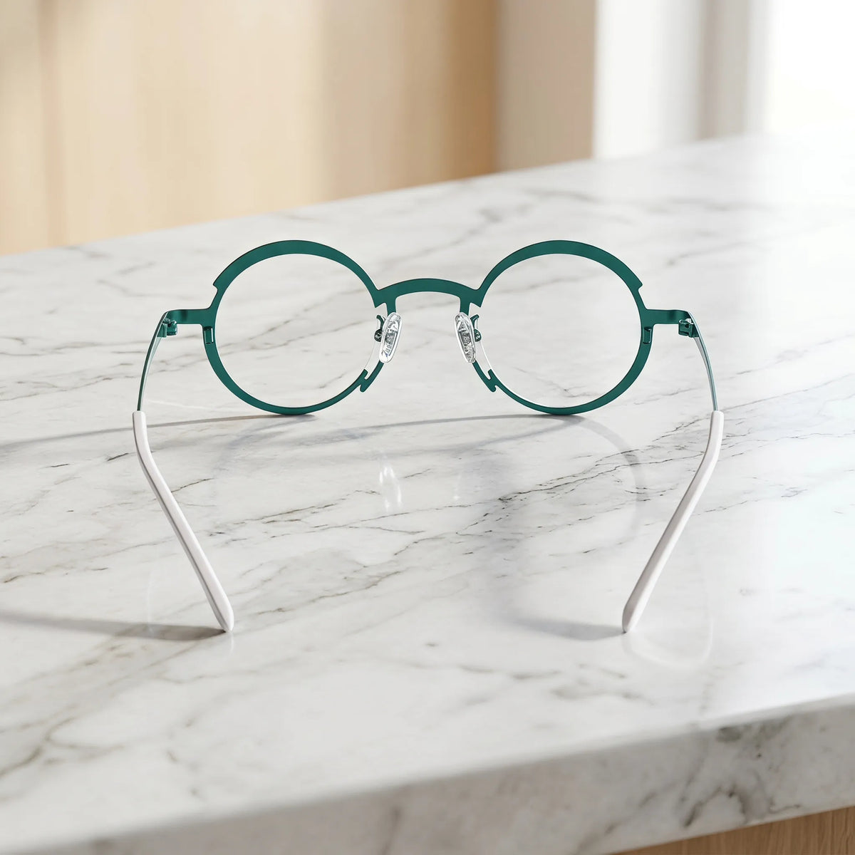 Barledear Jade Green Violet Purple eyeglasses back view showing the round full-rim frame structure, nose pads, temples, and color-block details