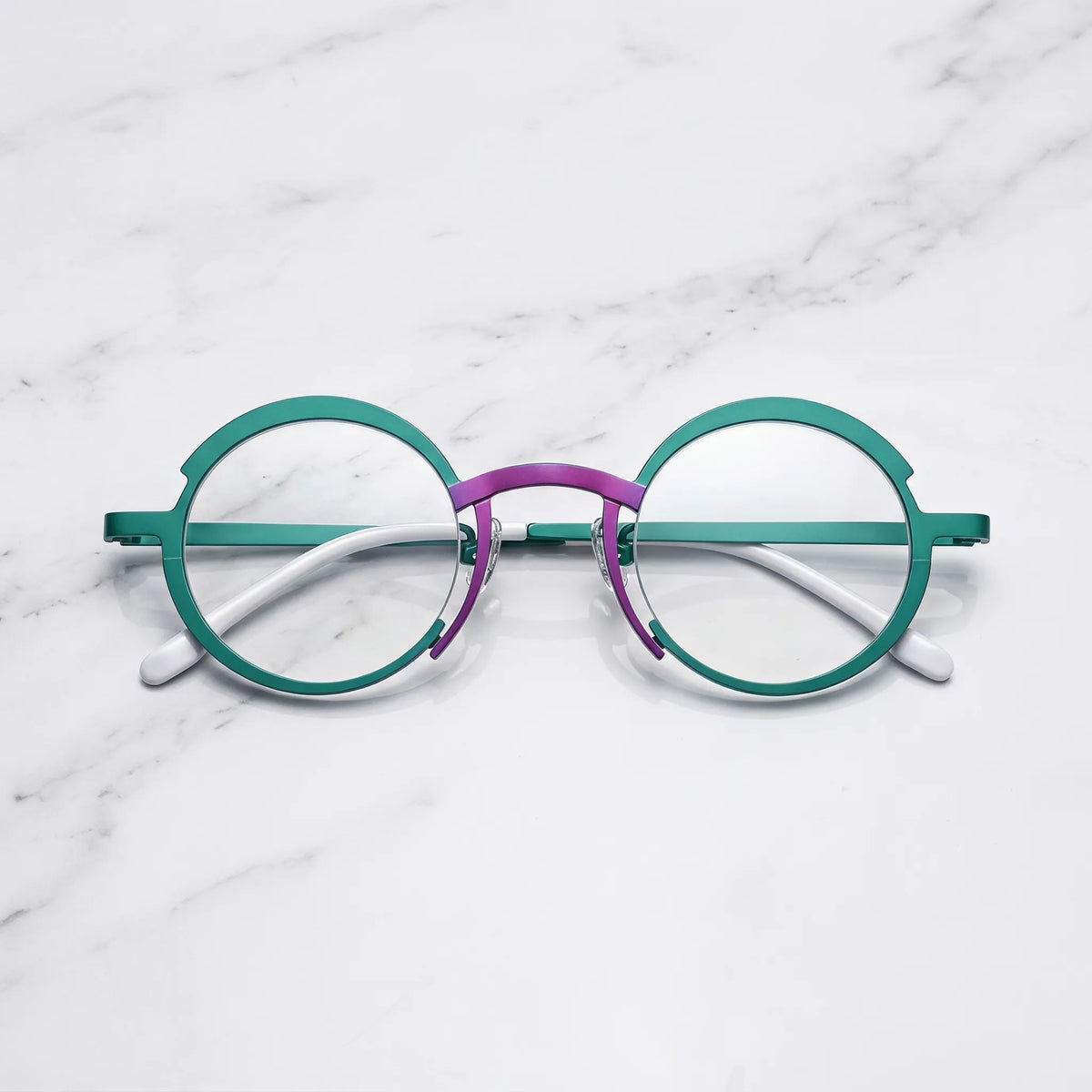 Barledear Jade Green Violet Purple eyeglasses folded display showing the lightweight full-rim structure, slim titanium temples, and temple-tip details