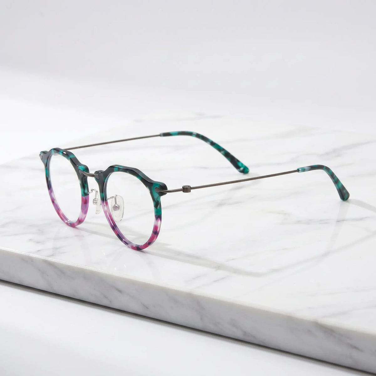 Barledear Jade Violet eyeglasses angled side view showing slim wire temples adjustable nose pads and bridge detail