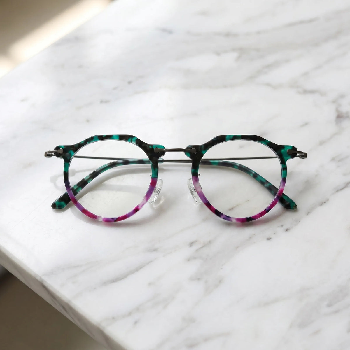 Barledear Jade Violet eyeglasses folded display showing acetate front slim metal temples and acetate temple tips