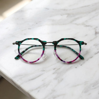 Barledear Jade Violet eyeglasses folded display showing acetate front slim metal temples and acetate temple tips