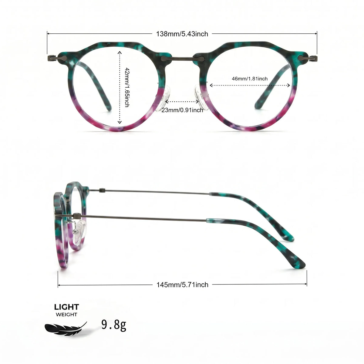 Barledear Jade Violet eyeglasses size chart with 138mm frame width 46mm lens width 42mm lens height 23mm bridge and 145mm temple measurements
