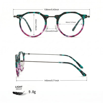 Barledear Jade Violet eyeglasses size chart with 138mm frame width 46mm lens width 42mm lens height 23mm bridge and 145mm temple measurements
