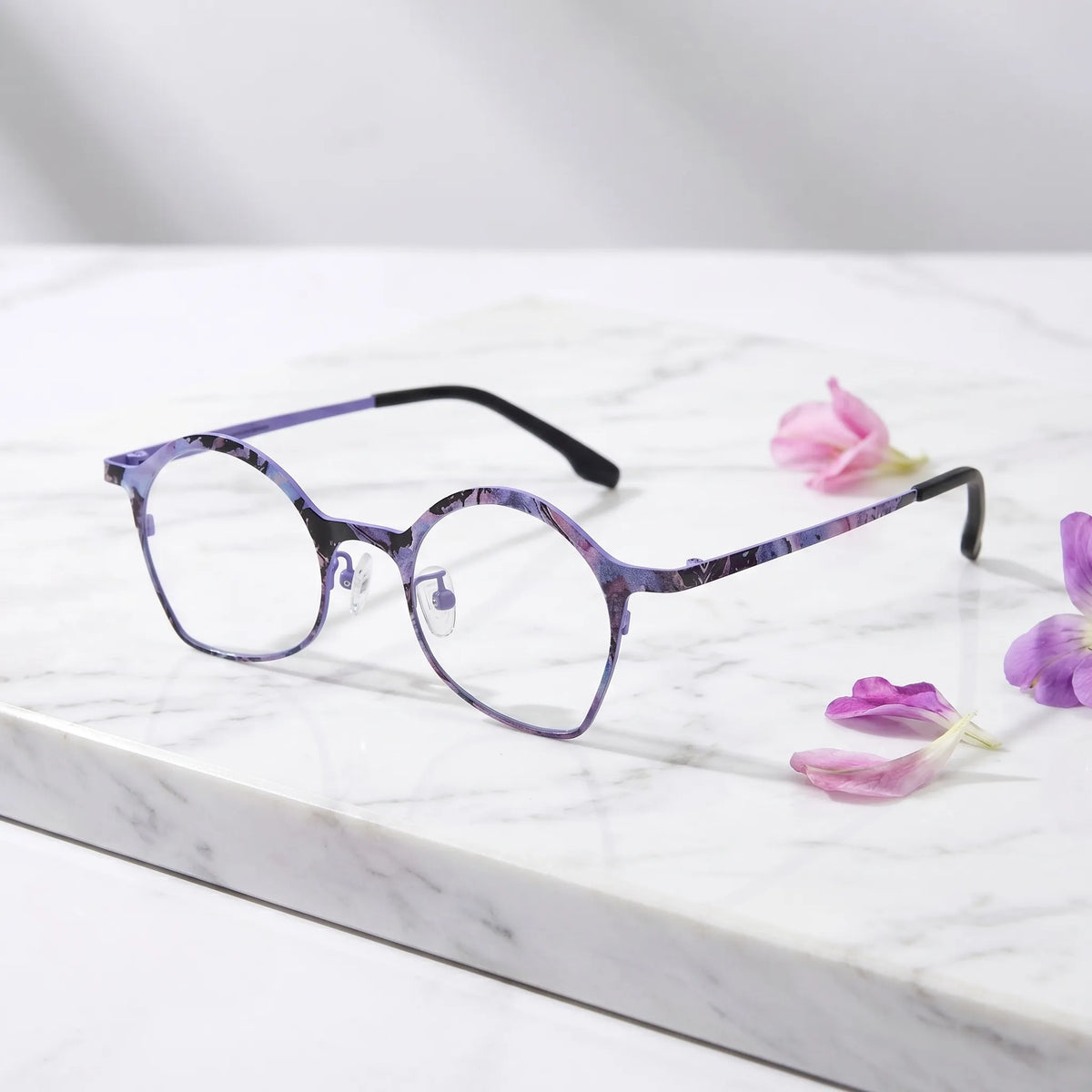 Barledear Lavender Ink Purple eyeglasses angled side view showing slim temples and adjustable nose pads