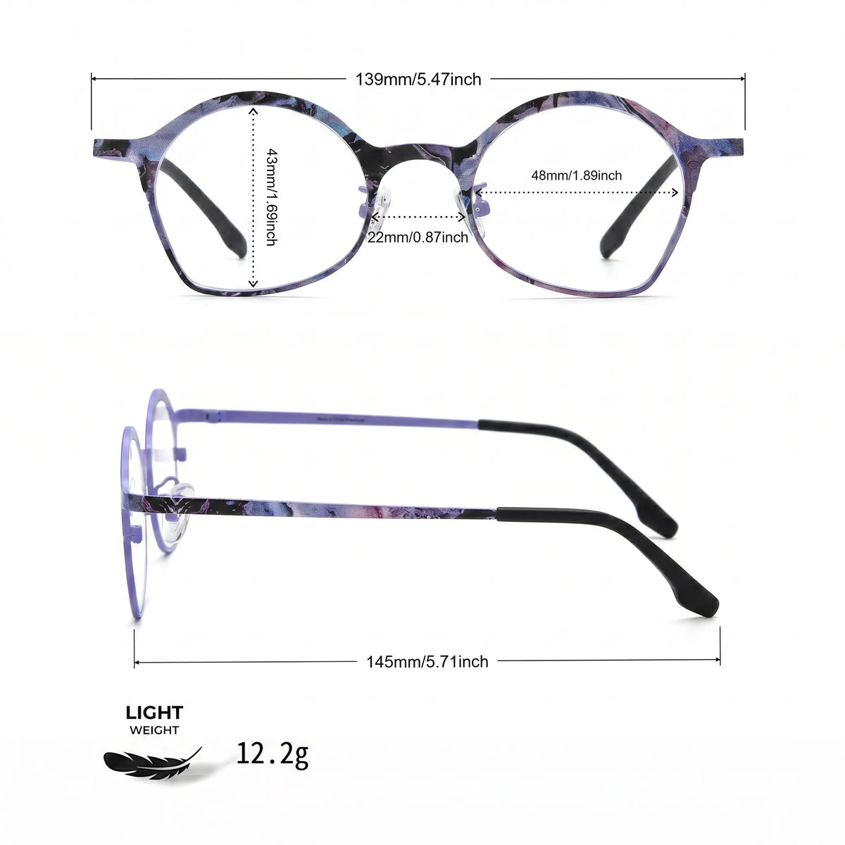 Barledear Lavender Ink Purple eyeglasses size chart with 139mm frame width 48mm lens width 43mm frame height 22mm bridge and 145mm temple length