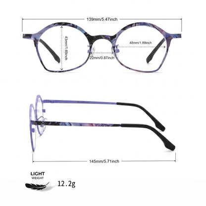 Barledear Lavender Ink Purple eyeglasses size chart with 139mm frame width 48mm lens width 43mm frame height 22mm bridge and 145mm temple length