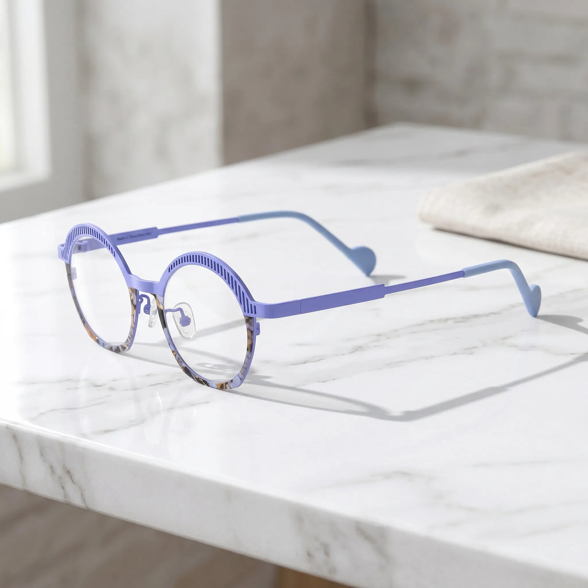 Barledear Lavender Mosaic eyeglasses angled side view showing slim titanium temples, curved temple tips, and lightweight full-rim structure