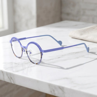 Barledear Lavender Mosaic eyeglasses angled side view showing slim titanium temples, curved temple tips, and lightweight full-rim structure