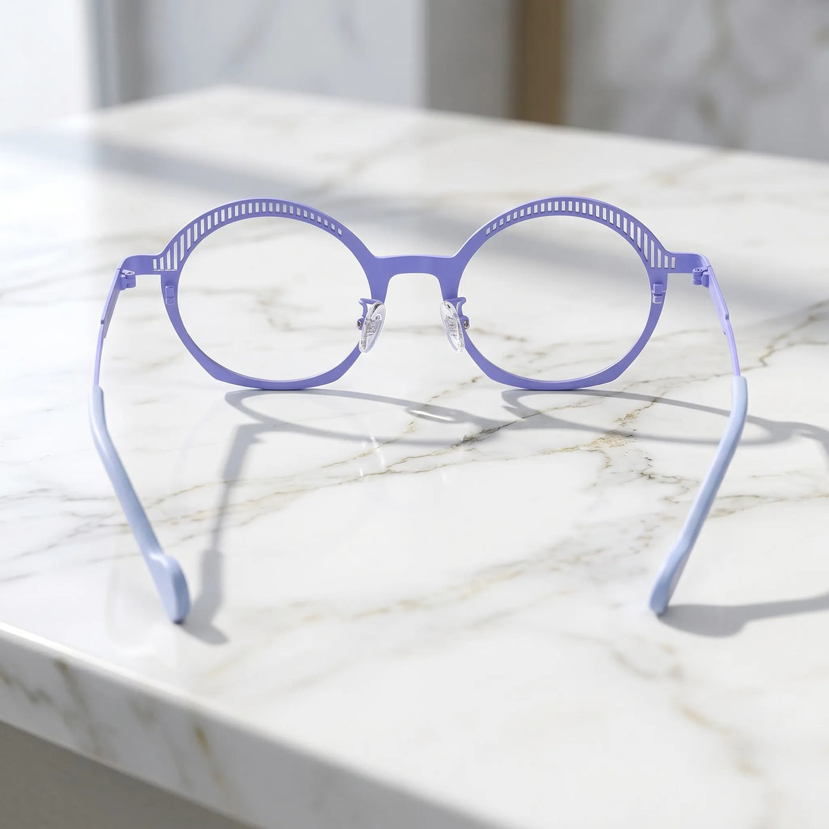 Barledear Lavender Mosaic eyeglasses back view showing adjustable clear silicone nose pads, slim temple arms, and prescription-ready frame structure
