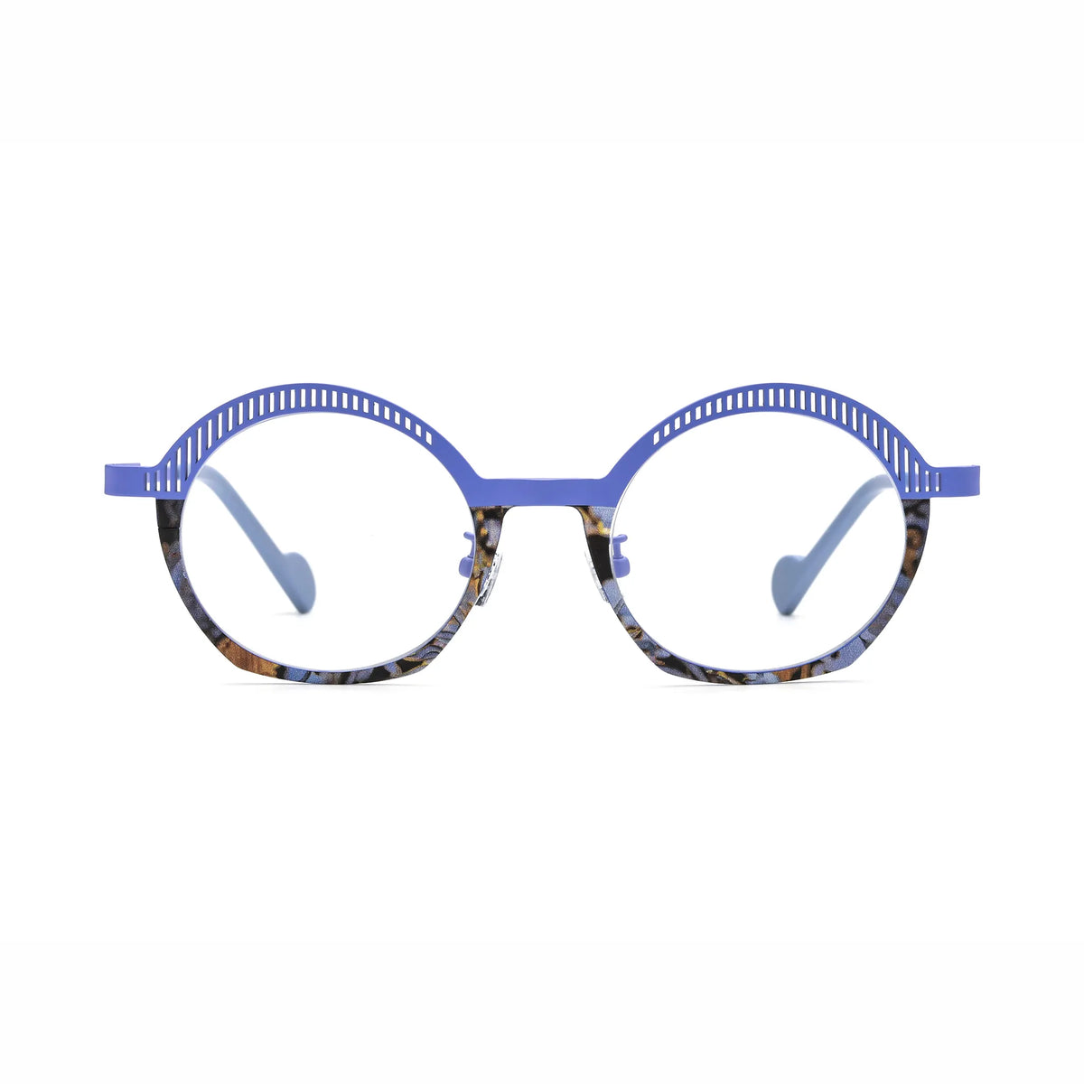 Barledear Lavender Mosaic eyeglasses front view with lightweight geometric oval pure titanium full-rim frame and decorative slotted browline