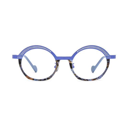 Barledear Lavender Mosaic eyeglasses front view with lightweight geometric oval pure titanium full-rim frame and decorative slotted browline
