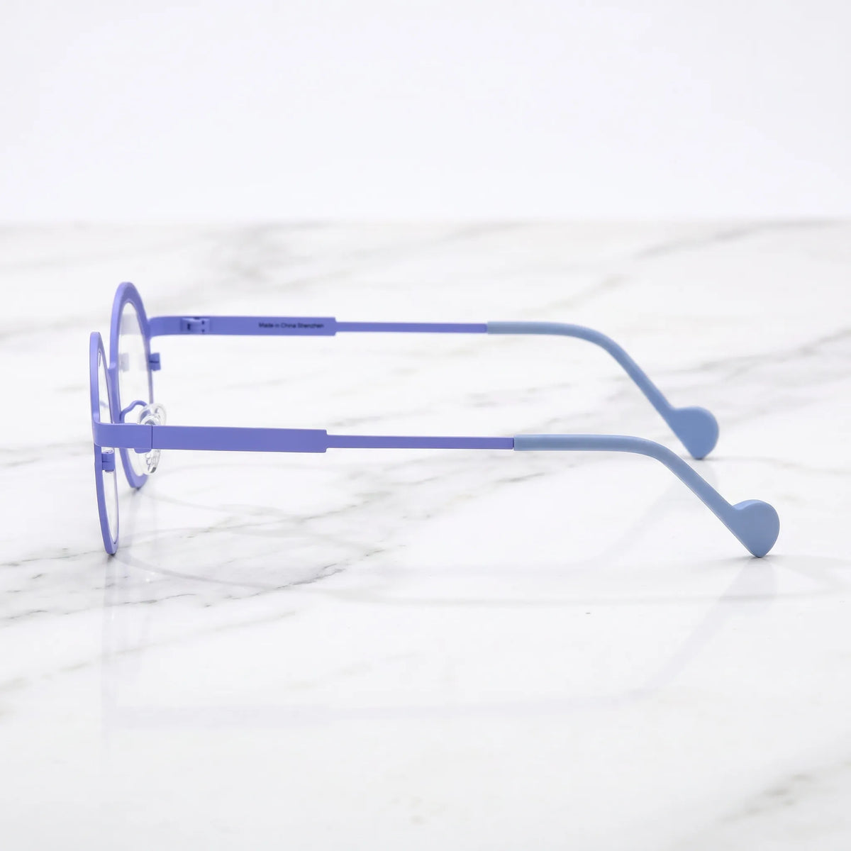 Barledear Lavender Mosaic eyeglasses angled side view showing slim titanium temples, curved temple tips, and lightweight full-rim structure