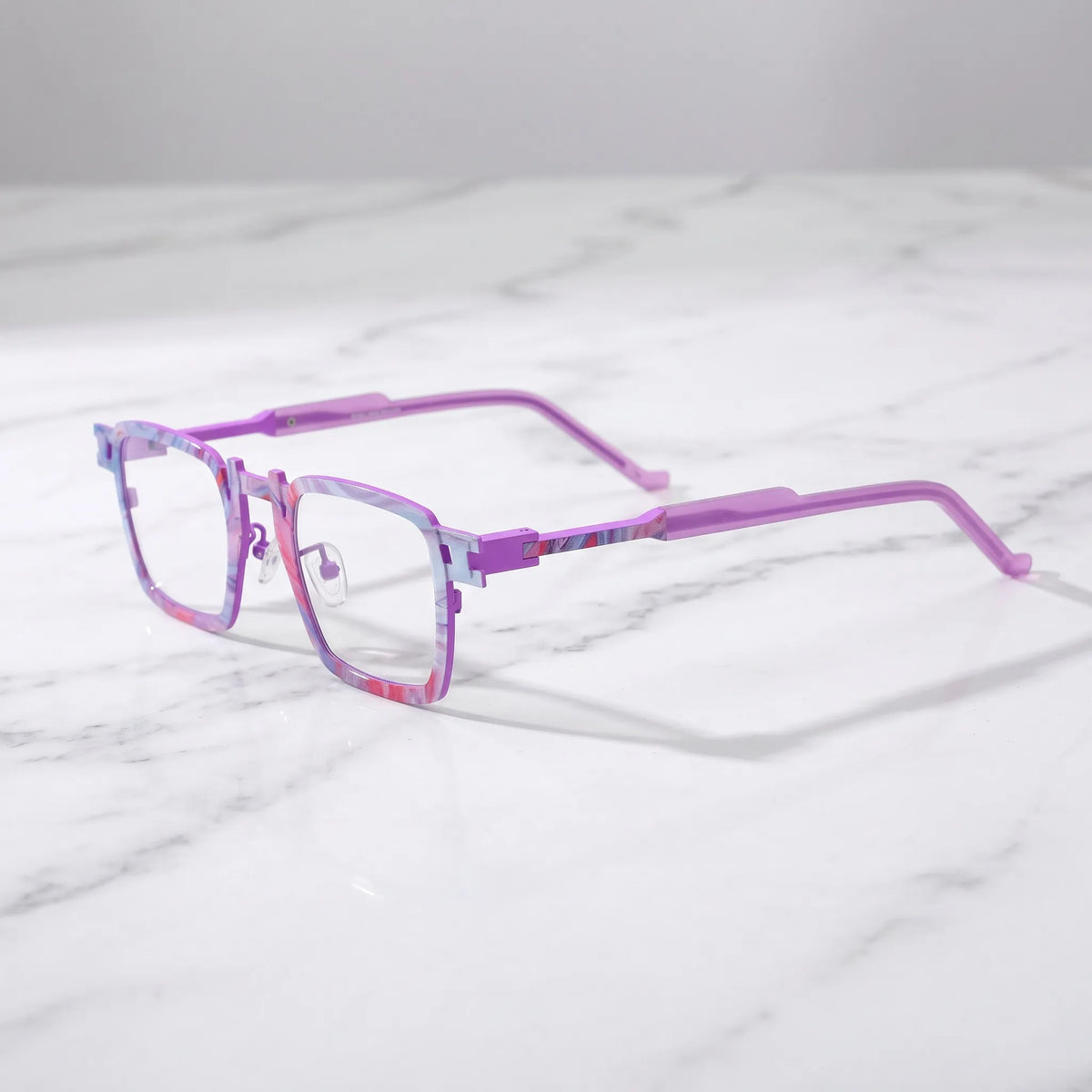 Barledear Lavender Rose Mosaic eyeglasses angled side view showing slim titanium temples, geometric side joint, and adjustable nose pads
