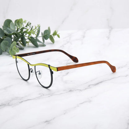 Barledear Lemon Noir Amber eyeglasses angled side view showing slim temples and bridge detail