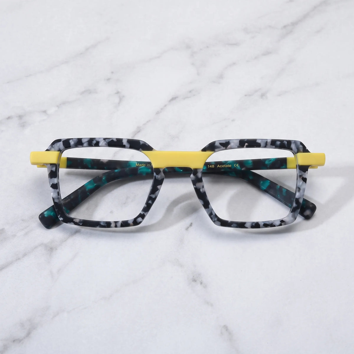 Barledear Lemon Teal Mosaic eyeglasses folded display showing yellow frame accents and teal patterned temples