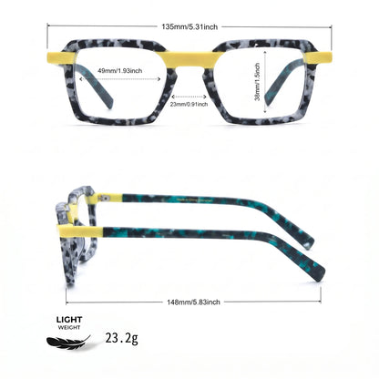 Barledear Lemon Teal Mosaic eyeglasses size chart showing 135 mm frame width and 49-23-148 measurements
