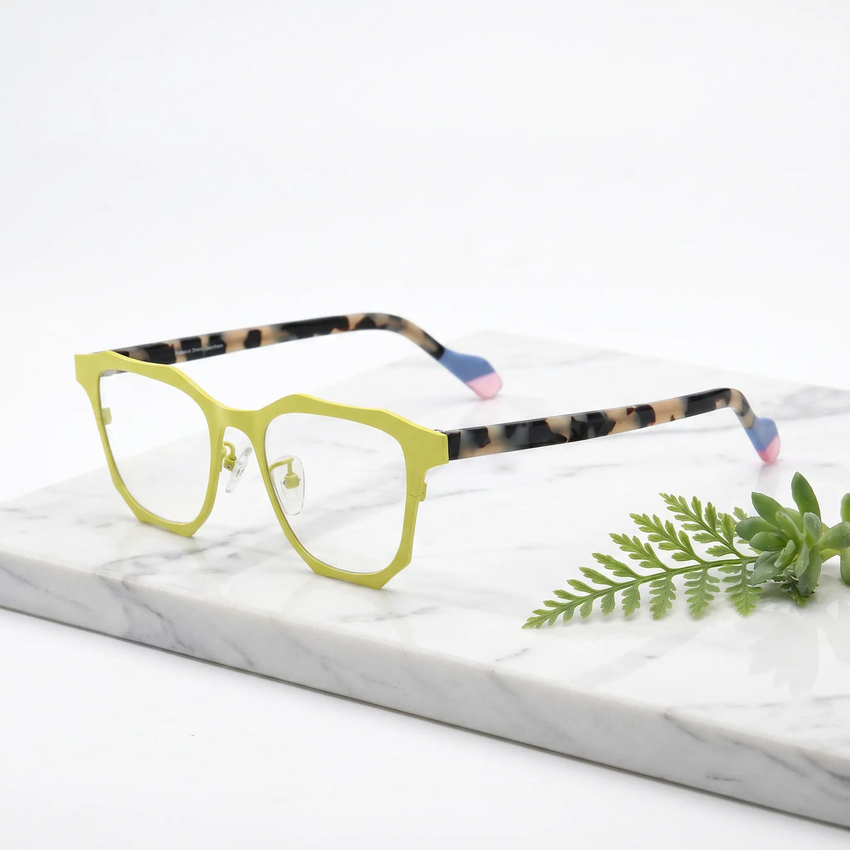 Barledear Lemon Tortoise eyeglasses angled side view showing slim temples, adjustable nose pads, and square frame profile