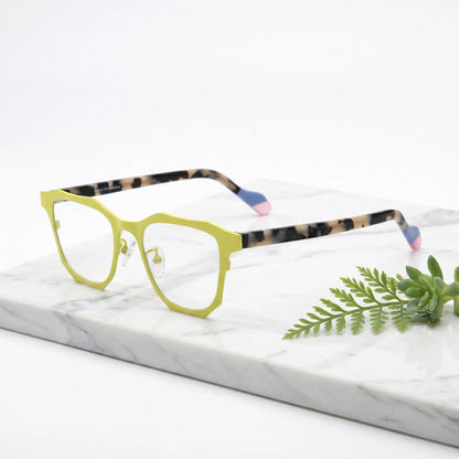 Barledear Lemon Tortoise eyeglasses angled side view showing slim temples, adjustable nose pads, and square frame profile