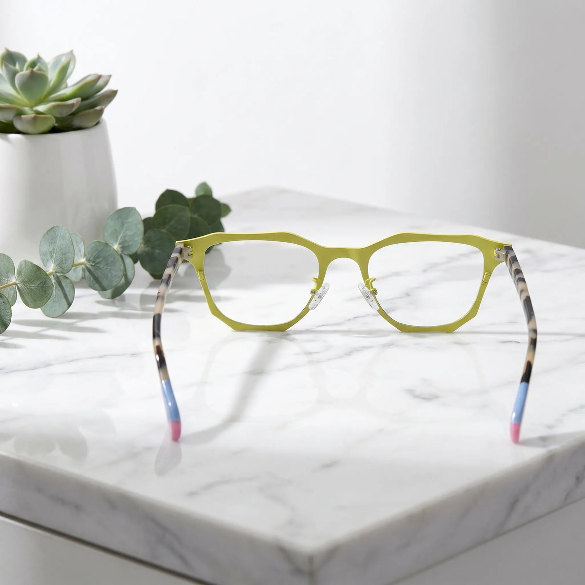 Barledear Lemon Tortoise eyeglasses back view showing temple structure, full-rim frame shape, and soft silicone nose pads