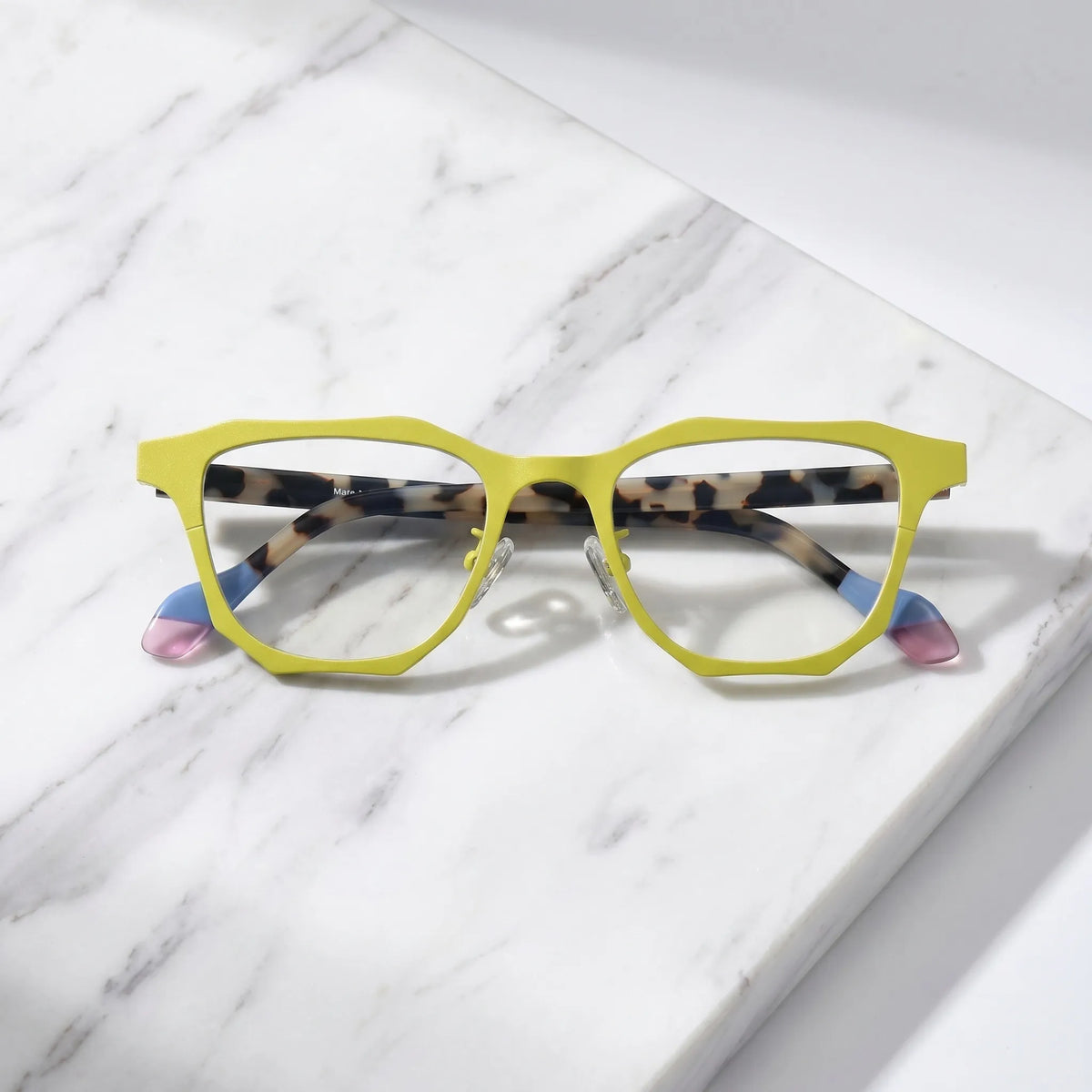 Barledear Lemon Tortoise eyeglasses folded display showing tortoise-style temples and pastel color temple tips