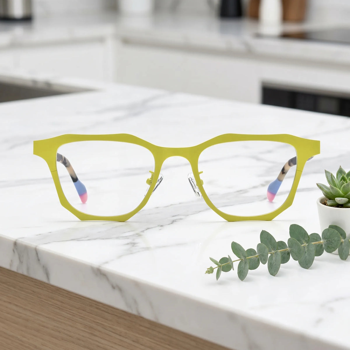 Barledear Lemon Tortoise eyeglasses shown in a clean lifestyle front view with bold artistic color-block design