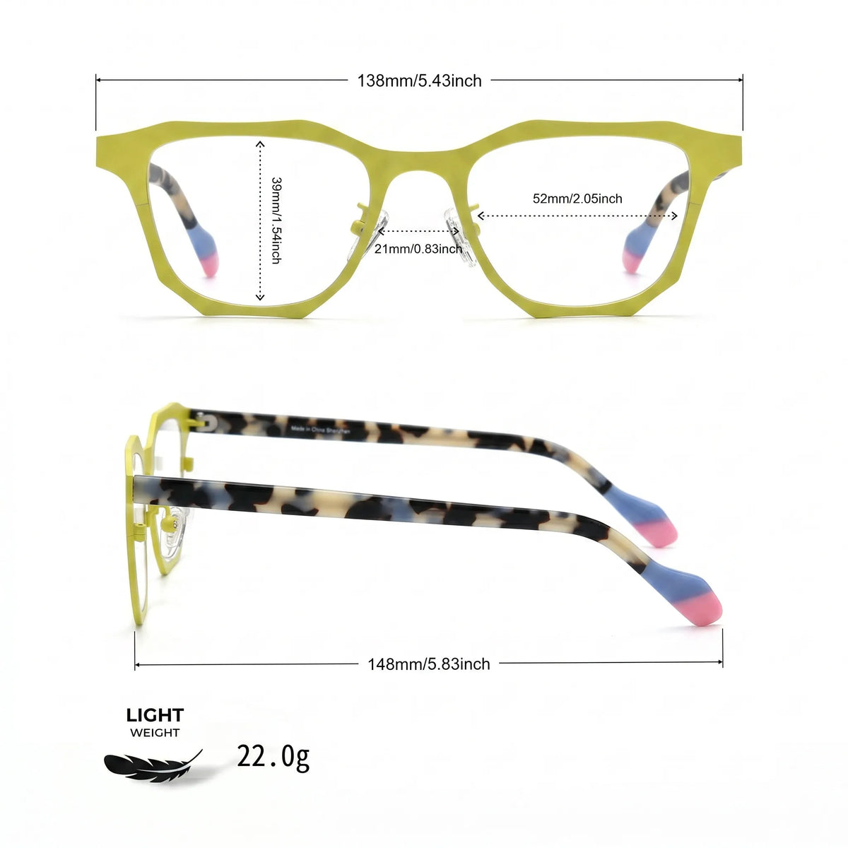 Barledear Lemon Tortoise eyeglasses size chart with frame width, lens width, bridge width, lens height, and temple length measurements
