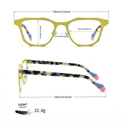 Barledear Lemon Tortoise eyeglasses size chart with frame width, lens width, bridge width, lens height, and temple length measurements