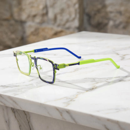 Barledear Lime Cobalt Mosaic eyeglasses angled side view showing slim titanium temples, geometric side joint, and adjustable nose pads