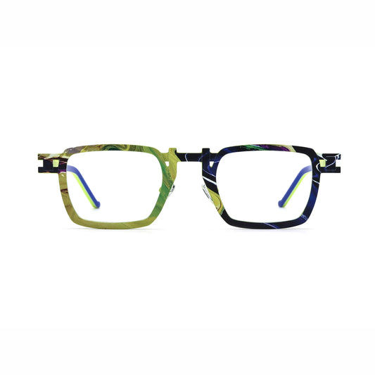 Barledear Lime Cobalt Mosaic eyeglasses front view with lightweight geometric square titanium full-rim frame and adjustable nose pads
