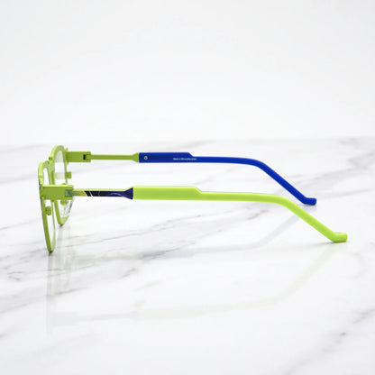 Barledear Lime Cobalt Mosaic eyeglasses angled side view showing slim titanium temples, geometric side joint, and adjustable nose pads