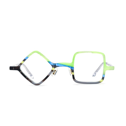 Barledear Lime Smoke asymmetric geometric acetate eyeglasses front view with lime green, blue, gray, and smoke-toned details with mismatched diamond and square lens shapes.