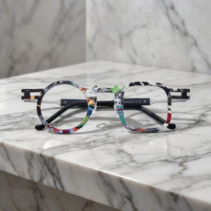 Barledear Marble White eyeglasses folded display showing printed titanium temples and full-rim frame structure