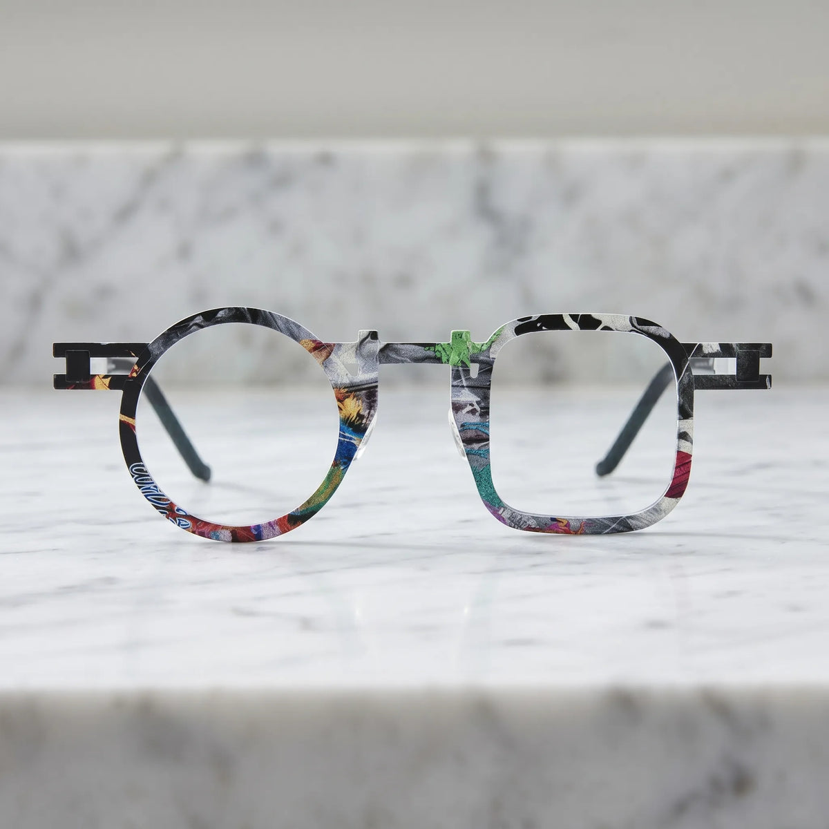 Barledear Marble White eyeglasses shown in a clean lifestyle front view with colorful mosaic geometric frame detail