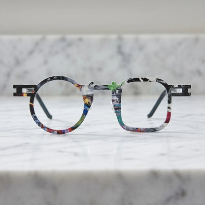 Barledear Marble White eyeglasses shown in a clean lifestyle front view with colorful mosaic geometric frame detail