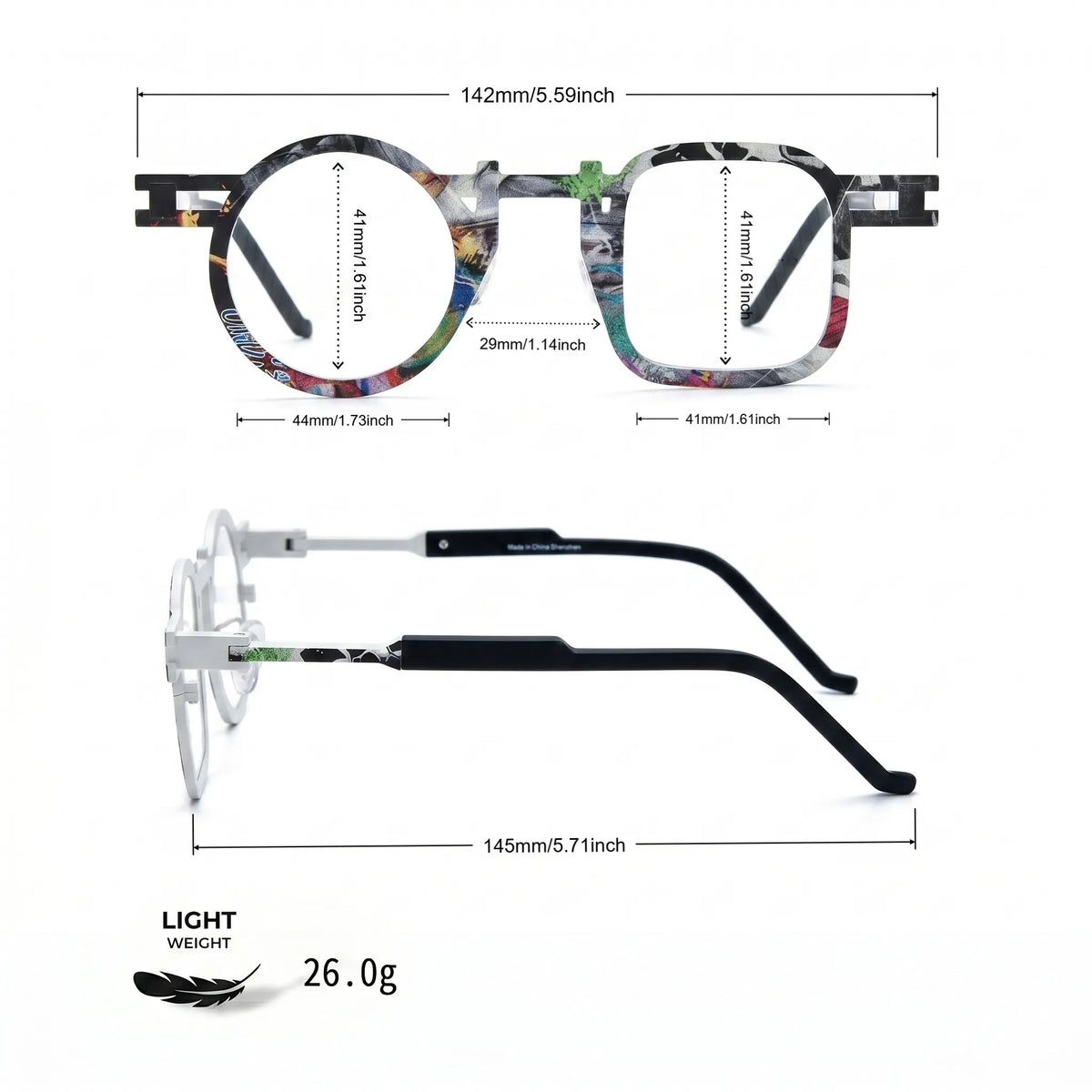 Barledear Marble White eyeglasses size chart showing 142mm frame width, 44mm left lens width, 41mm right lens width, 41mm lens height, 29mm bridge, and 145mm temple