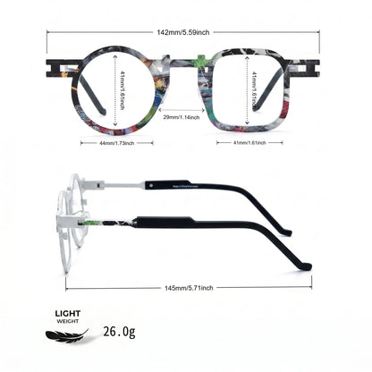 Barledear Marble White eyeglasses size chart showing 142mm frame width, 44mm left lens width, 41mm right lens width, 41mm lens height, 29mm bridge, and 145mm temple