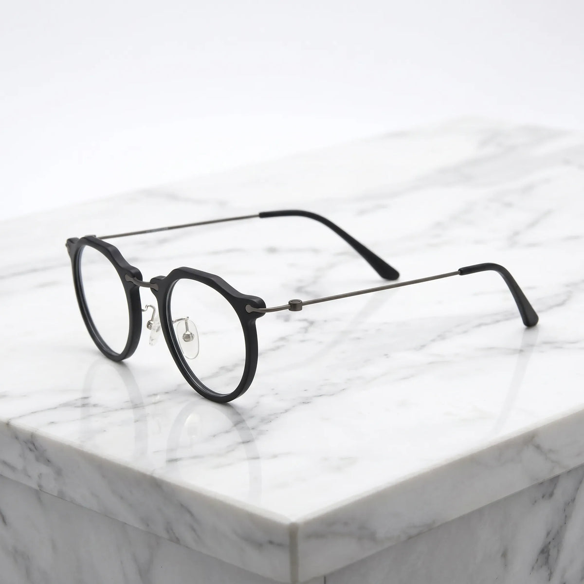 Barledear Matte Noir eyeglasses angled side view showing slim wire temples adjustable nose pads and bridge detail