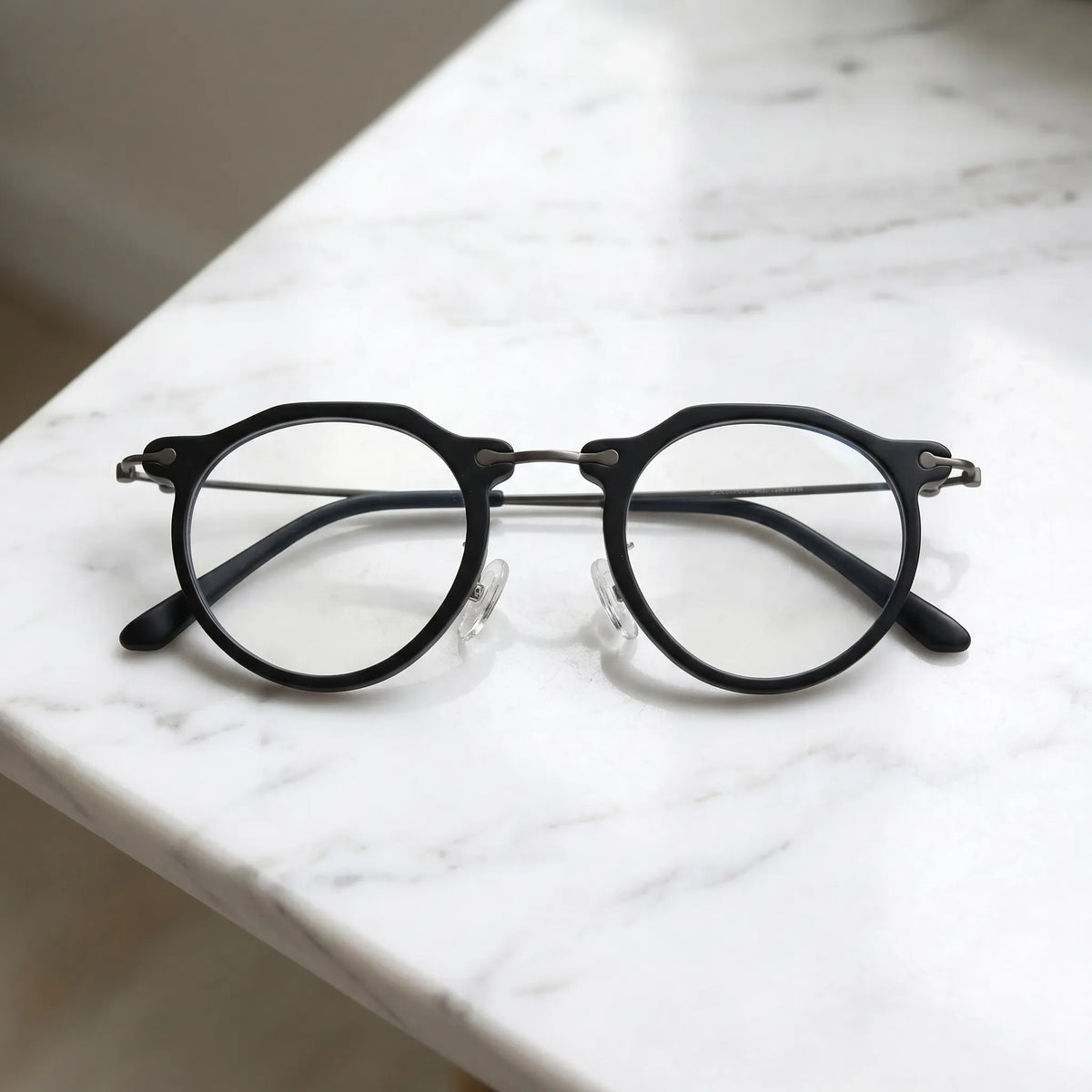 Barledear Matte Noir eyeglasses folded display showing acetate front slim metal temples and acetate temple tips