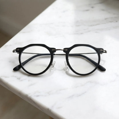 Barledear Matte Noir eyeglasses folded display showing acetate front slim metal temples and acetate temple tips