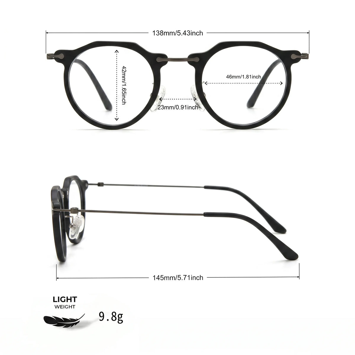 Barledear Matte Noir eyeglasses size chart with 138mm frame width 46mm lens width 42mm lens height 23mm bridge and 145mm temple measurements