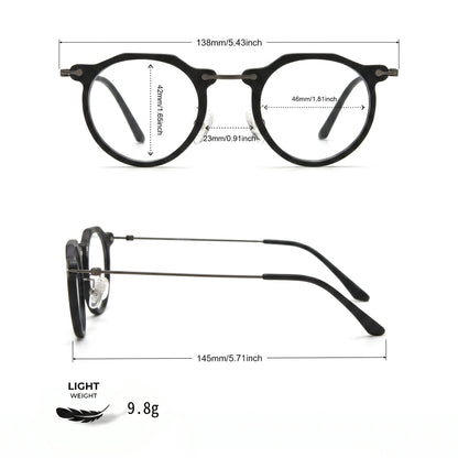 Barledear Matte Noir eyeglasses size chart with 138mm frame width 46mm lens width 42mm lens height 23mm bridge and 145mm temple measurements