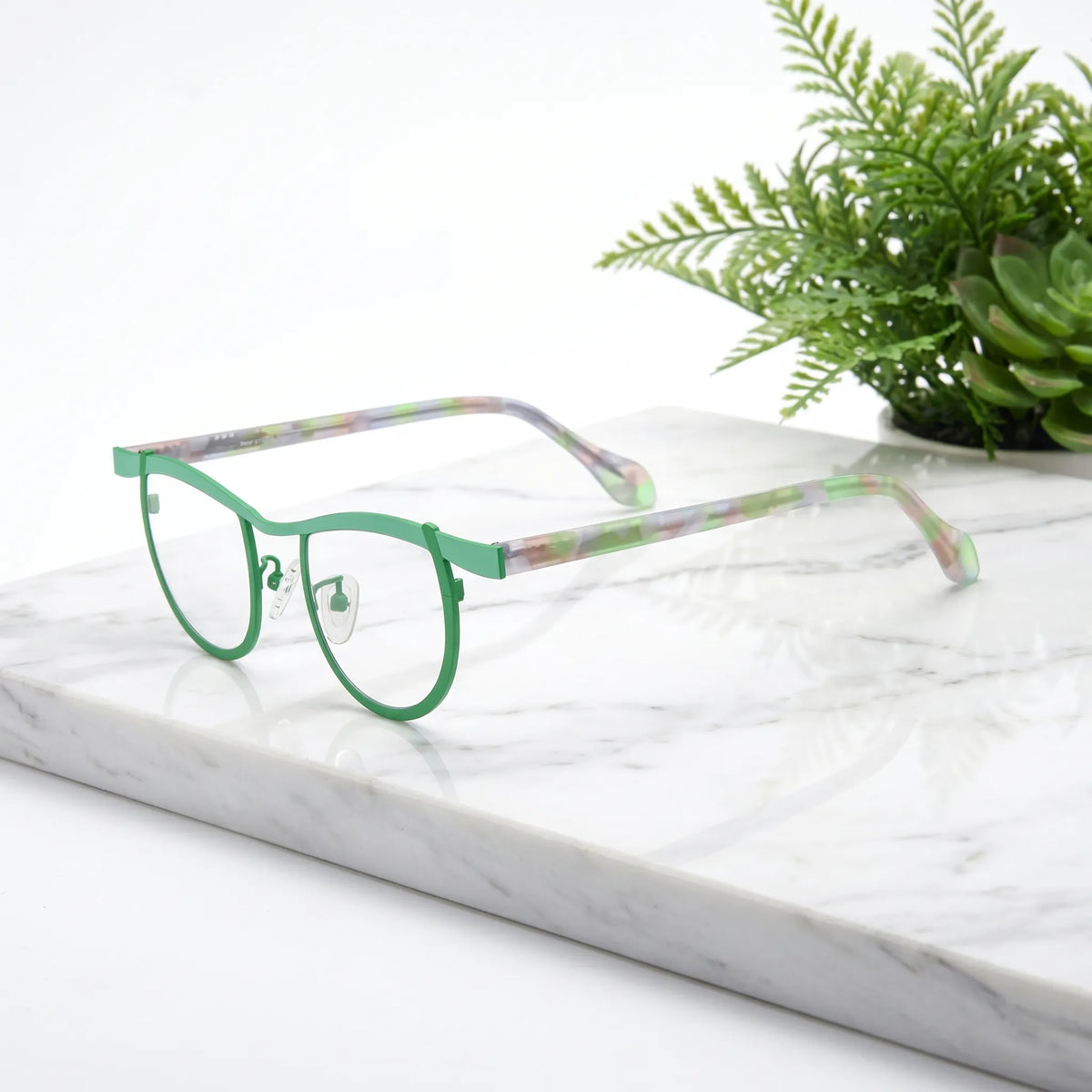Barledear Meadow Clear Green eyeglasses angled side view showing slim temples and bridge detail