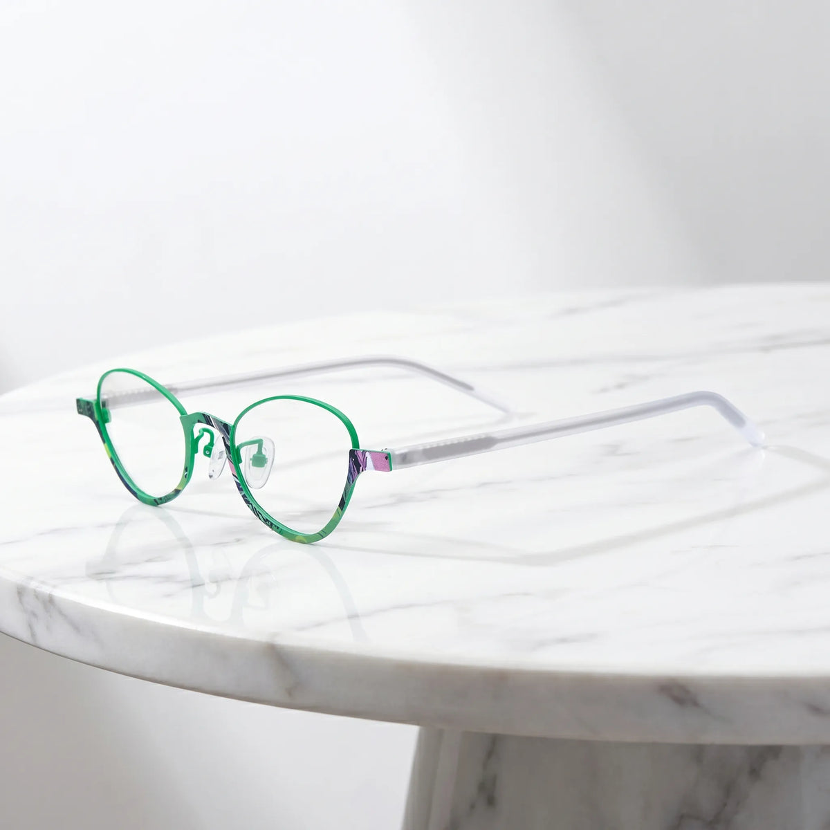 Barledear Meadow Jade eyeglasses angled side view showing slim temples adjustable nose pads and bridge detail