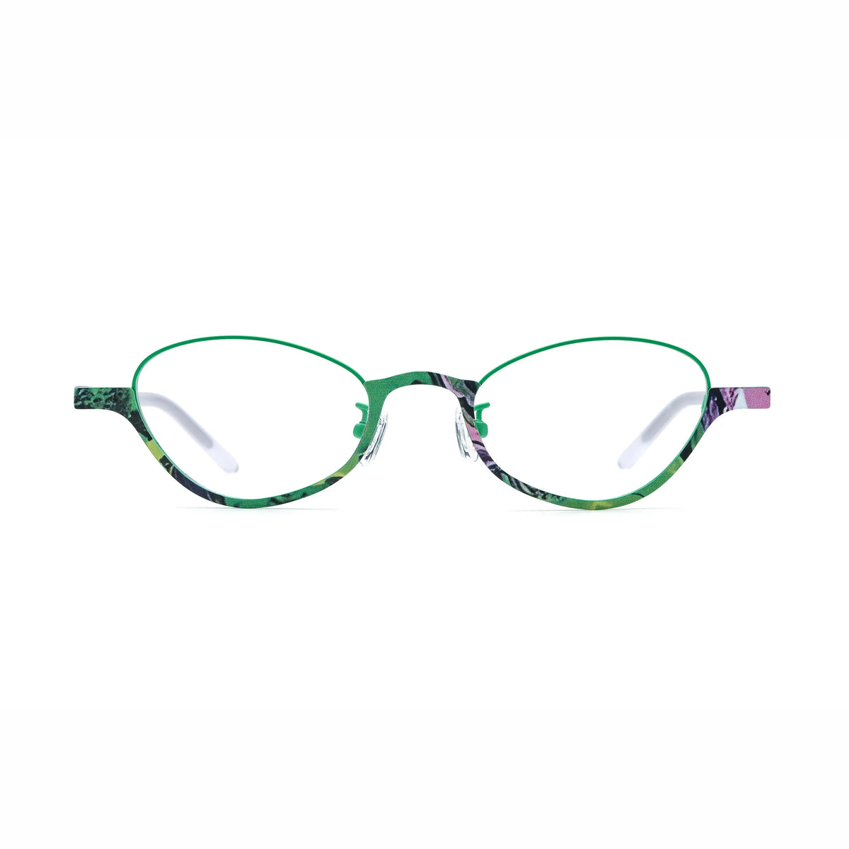 Barledear Meadow Jade oval titanium eyeglasses front view with green frame accents and translucent patterned temples