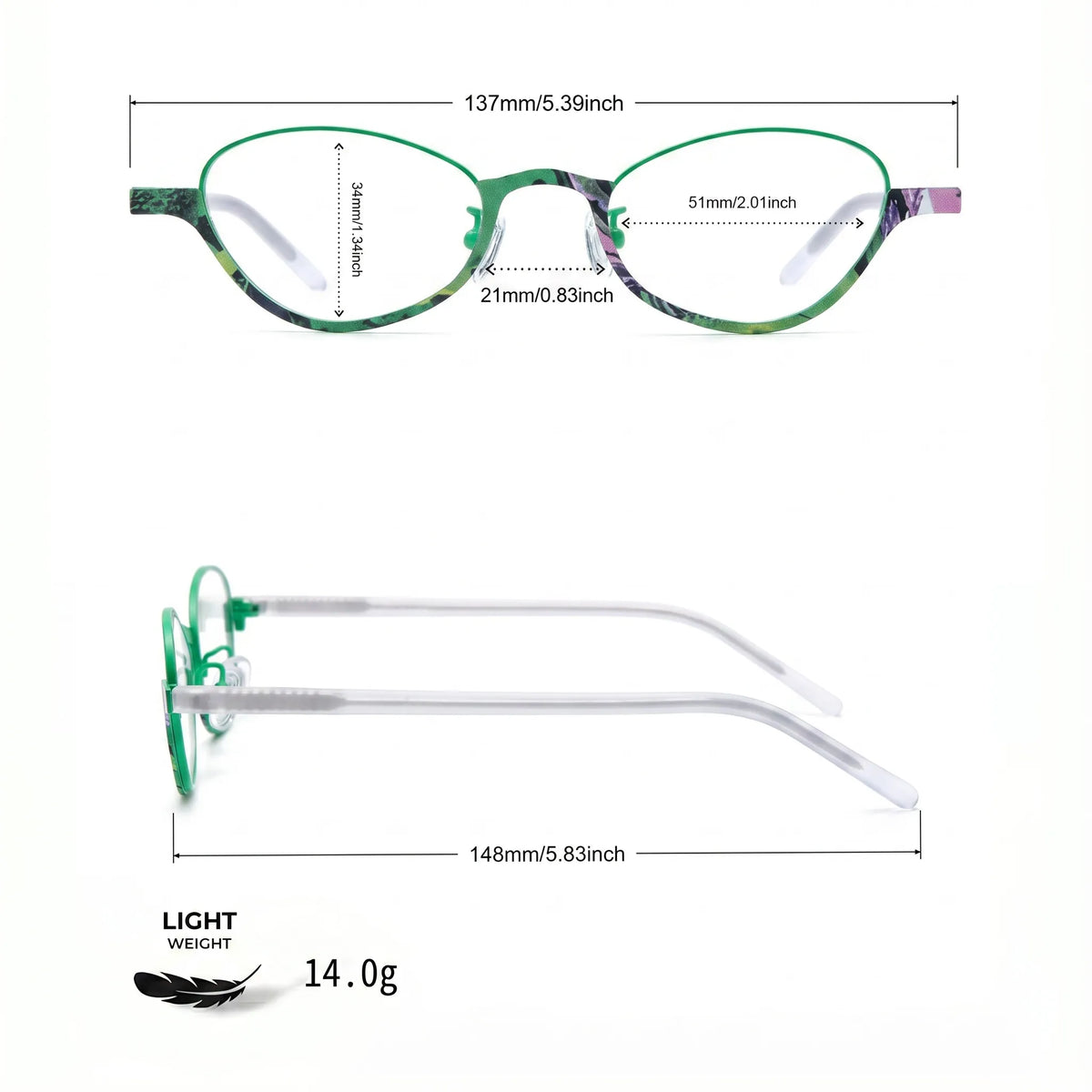 Barledear Meadow Jade eyeglasses size chart with 137 mm frame width 51 mm lens width 34 mm lens height 21 mm bridge and 148 mm temple length
